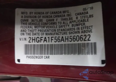 2010 Honda Civic Lx z USA, uszkodzony, nr VIN 2HGFA1F56AH560622